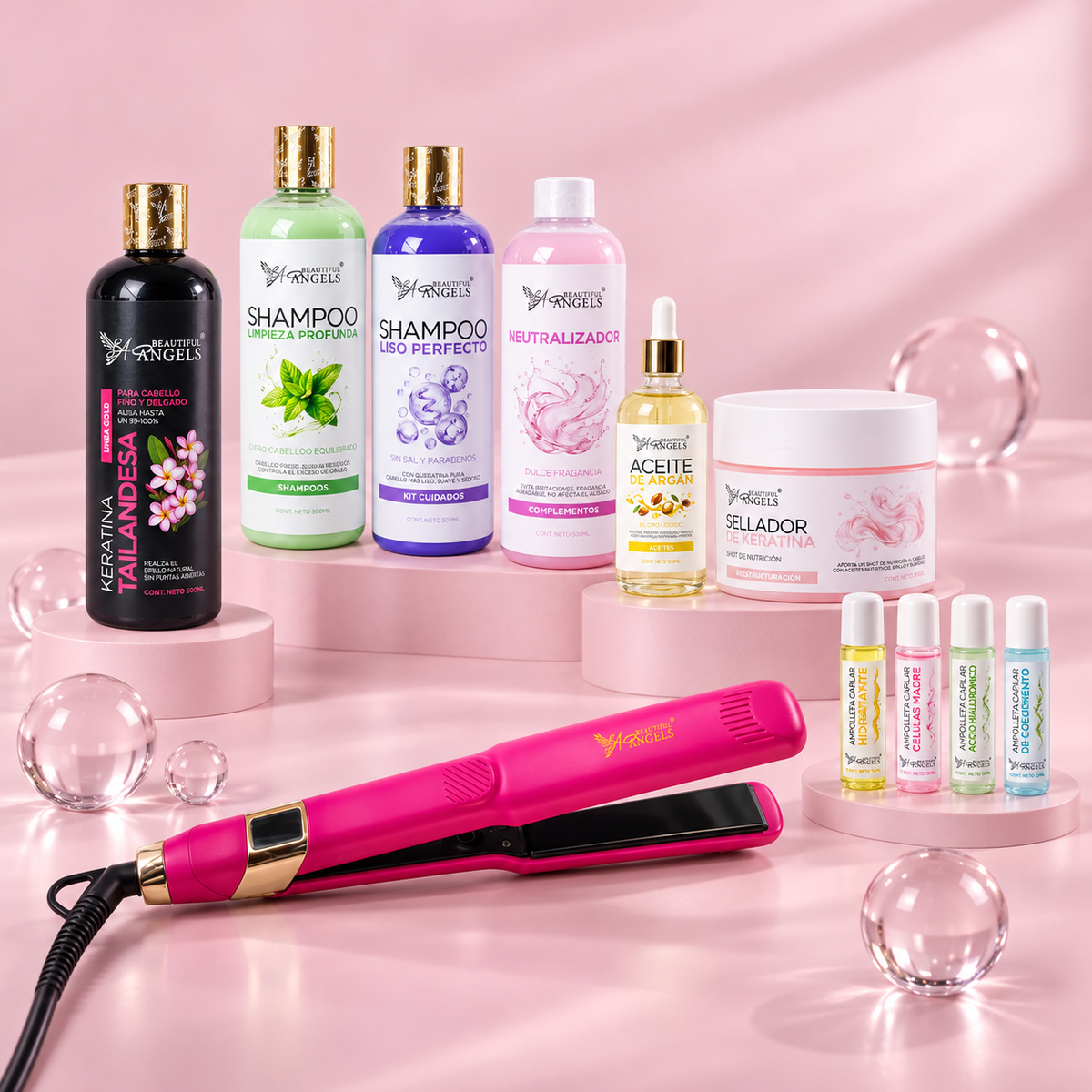 Kit Profesional Keratina Tailandesa Gold 500ml Beautiful Angels —Sedosidad, Adiós al Frizz y Brillo Radiante, Fortalece desde la Raíz