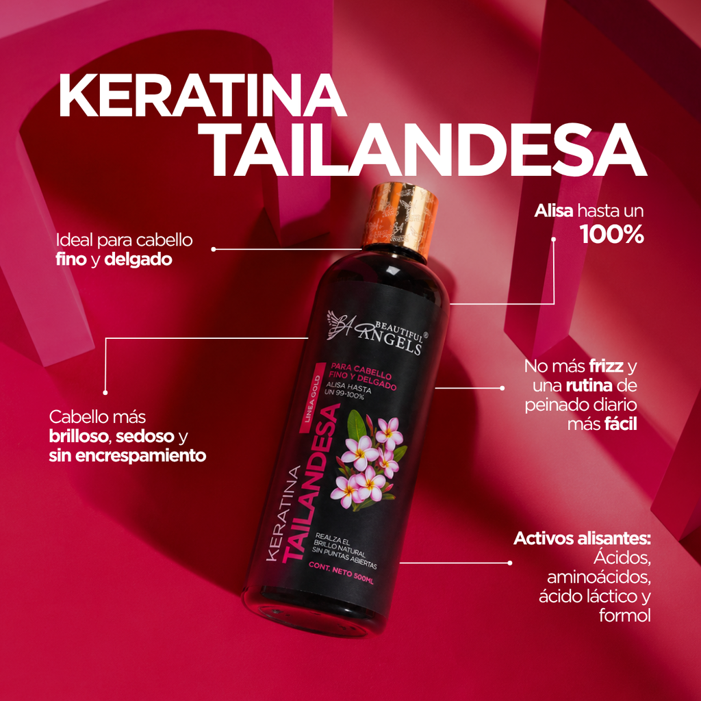 Kit Básico de Keratina Tailandesa Gold 500ml– Beautiful Angels para Cabello Fino y Delgado – Brillo Radiante, Cabello Liso y Suave, con Peinado, Lavado y Secado más Rápidos