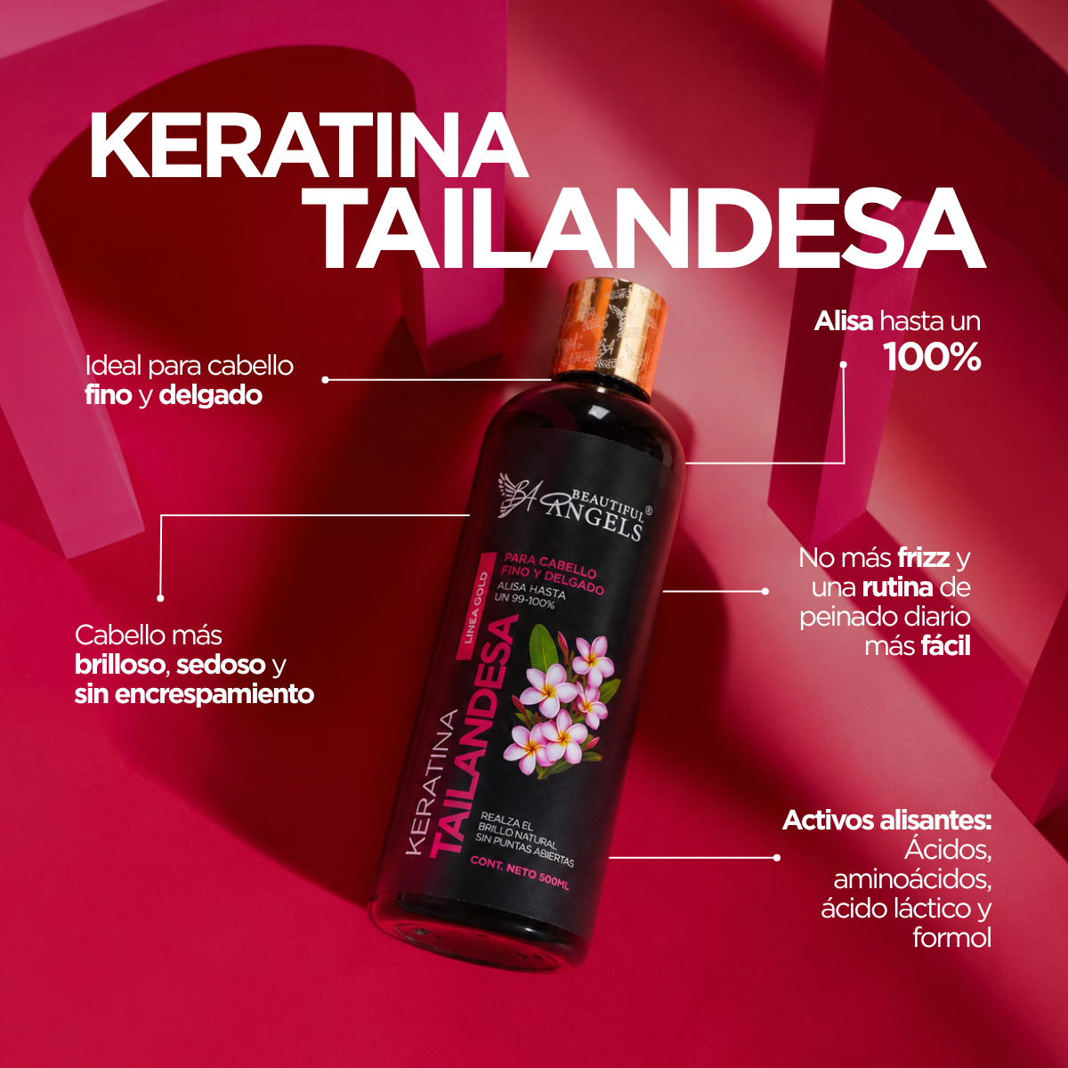 Kit Básico de Keratina Tailandesa Gold 500ml– Beautiful Angels para Cabello Fino y Delgado – Brillo Radiante, Cabello Liso y Suave, con Peinado, Lavado y Secado más Rápidos