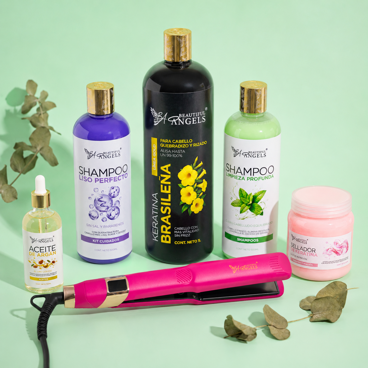 Kit Keratina Brasileña Gold 1L + Shampoo Limpieza 500ml + Shampoo Liso 500ml + Sellador de Keratina 250ml + Aceite de Argán 100ml + Plancha Beautiful Angels