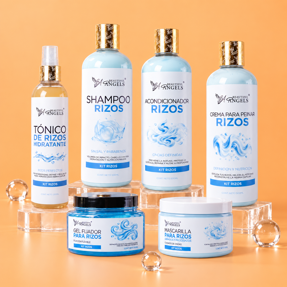 Kit Completo Rizos Beautiful Angels 500ml: Nutrición, Reparación, Definición y Fijación Flexible para Rizos Saludables