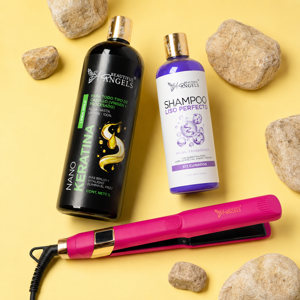 Kit Nanokeratina Gold 1L + Shampoo Liso Perfecto 500ml + Plancha Beautiful Angels