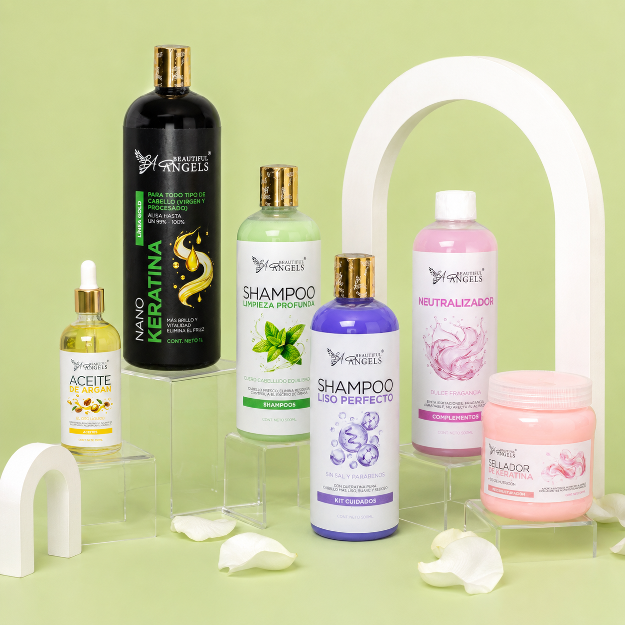 Kit Nanokeratina Gold 1L + Shampoo Limpieza Profunda 500ML + Shampoo Liso Perfecto 500ML  + Neutralizador 500ML+ Sellador de Keratina 250ML+ Aceite de Argán 100ML