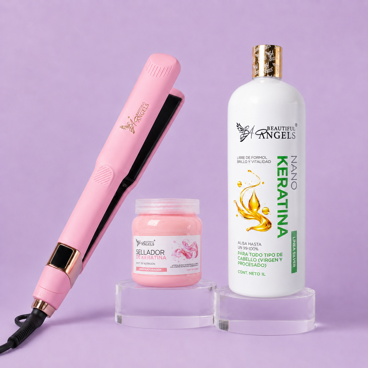 Kit Nanokeratina Silver 1L + Sellador de Keratina 250ml + Plancha Beautiful Angels