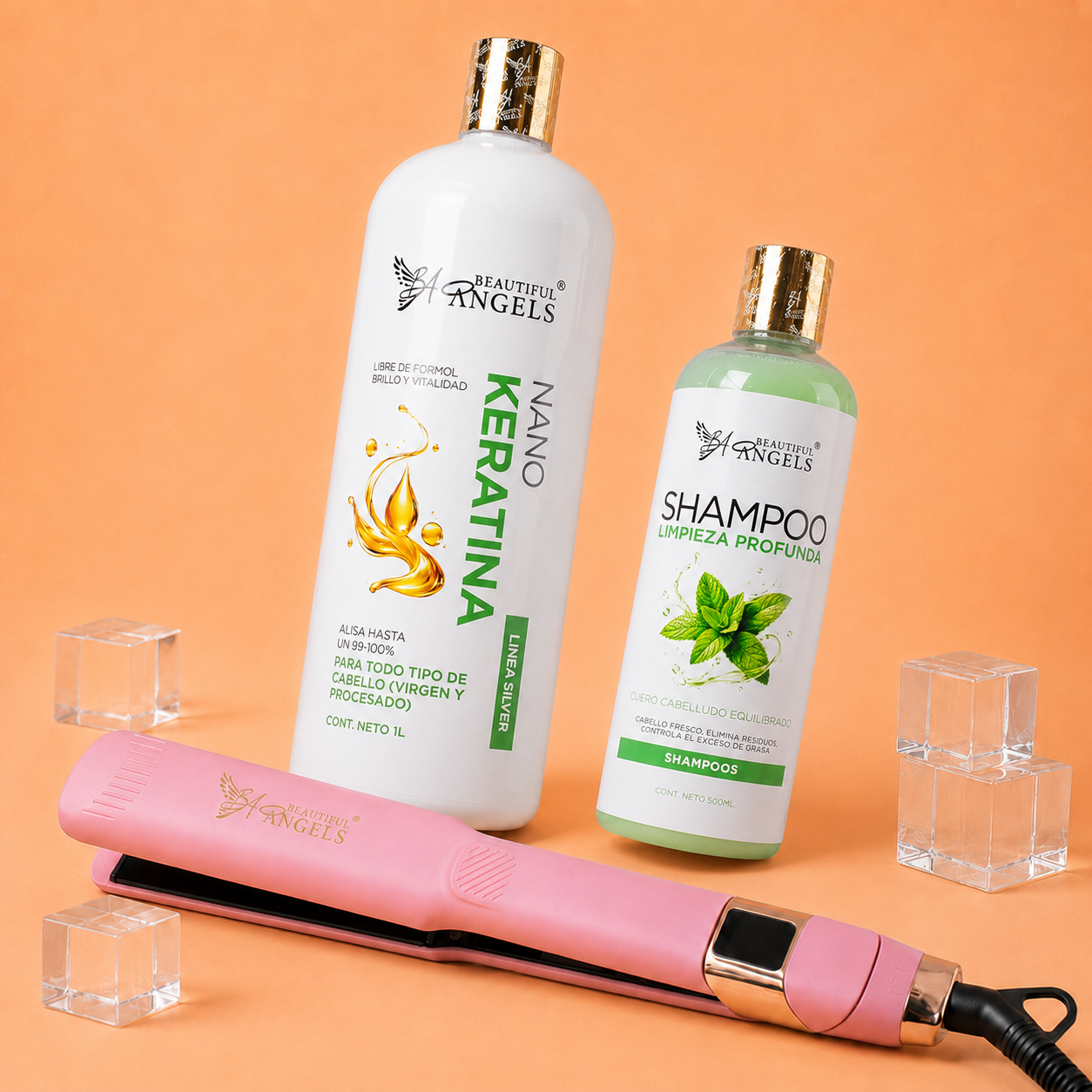 Kit Nanokeratina Silver 1L + Shampoo Limpieza Profunda 500ml + Plancha Beautiful Angels