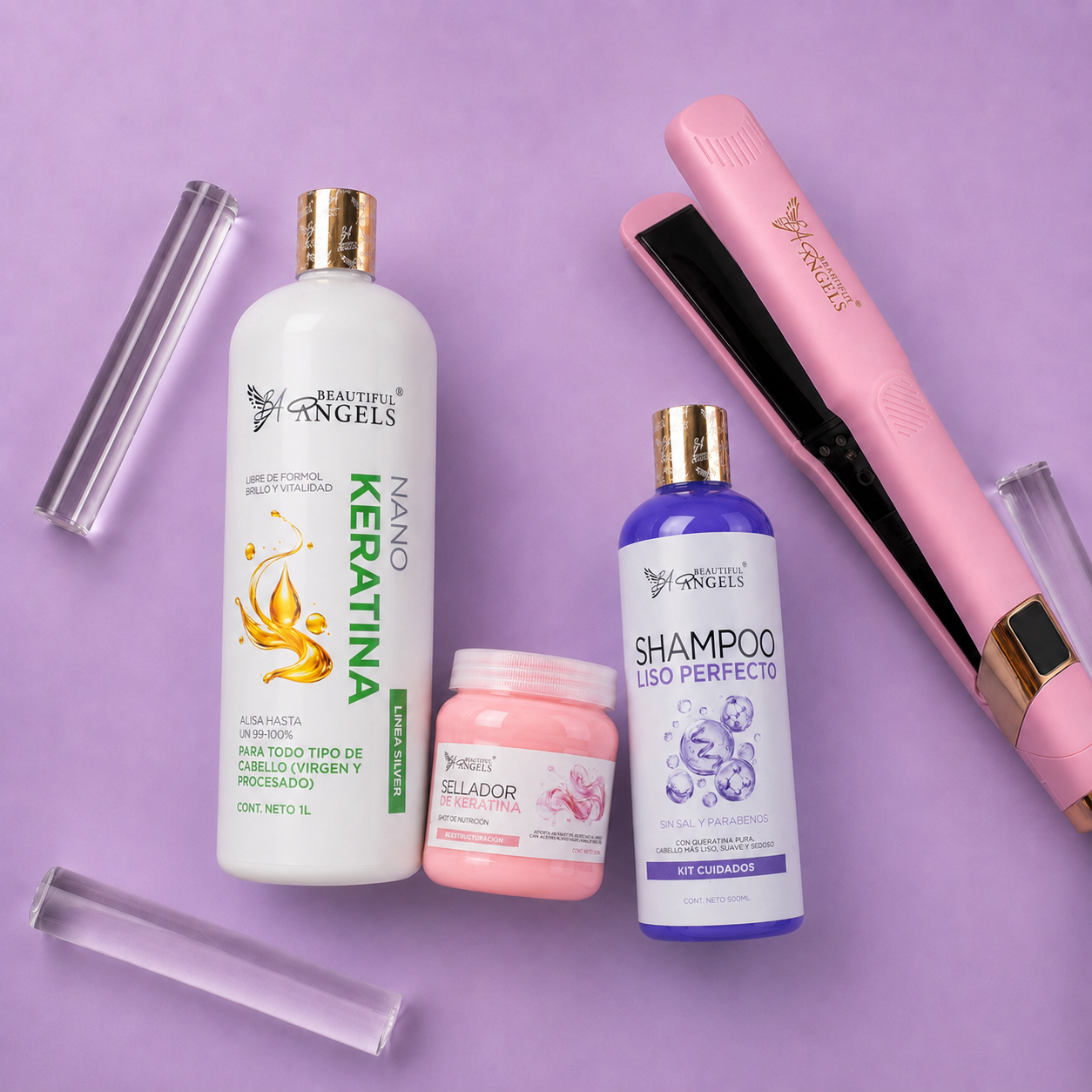 Kit Nanokeratina Silver 1L + Shampoo Liso Perfecto 500ml + Sellador de Keratina 250ml + Plancha Beautiful Angels
