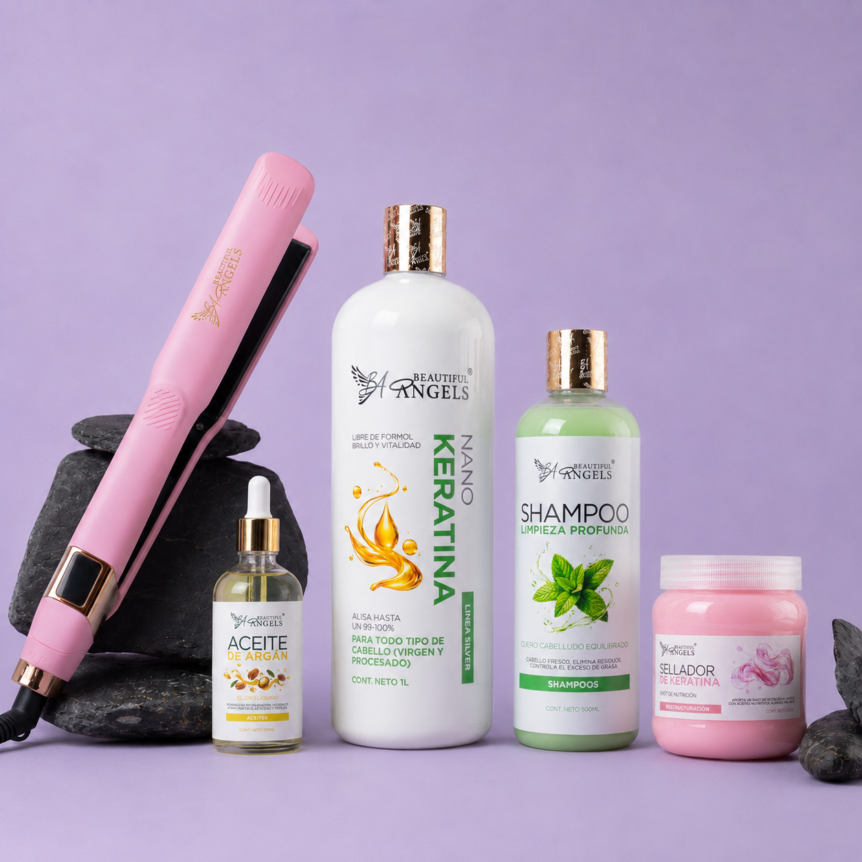 Kit Nanokeratina Silver 1L + Shampoo Limpieza Profunda 500ml + Sellador de Keratina 250ml + Aceite de Argán 100ml + Plancha Beautiful Angels