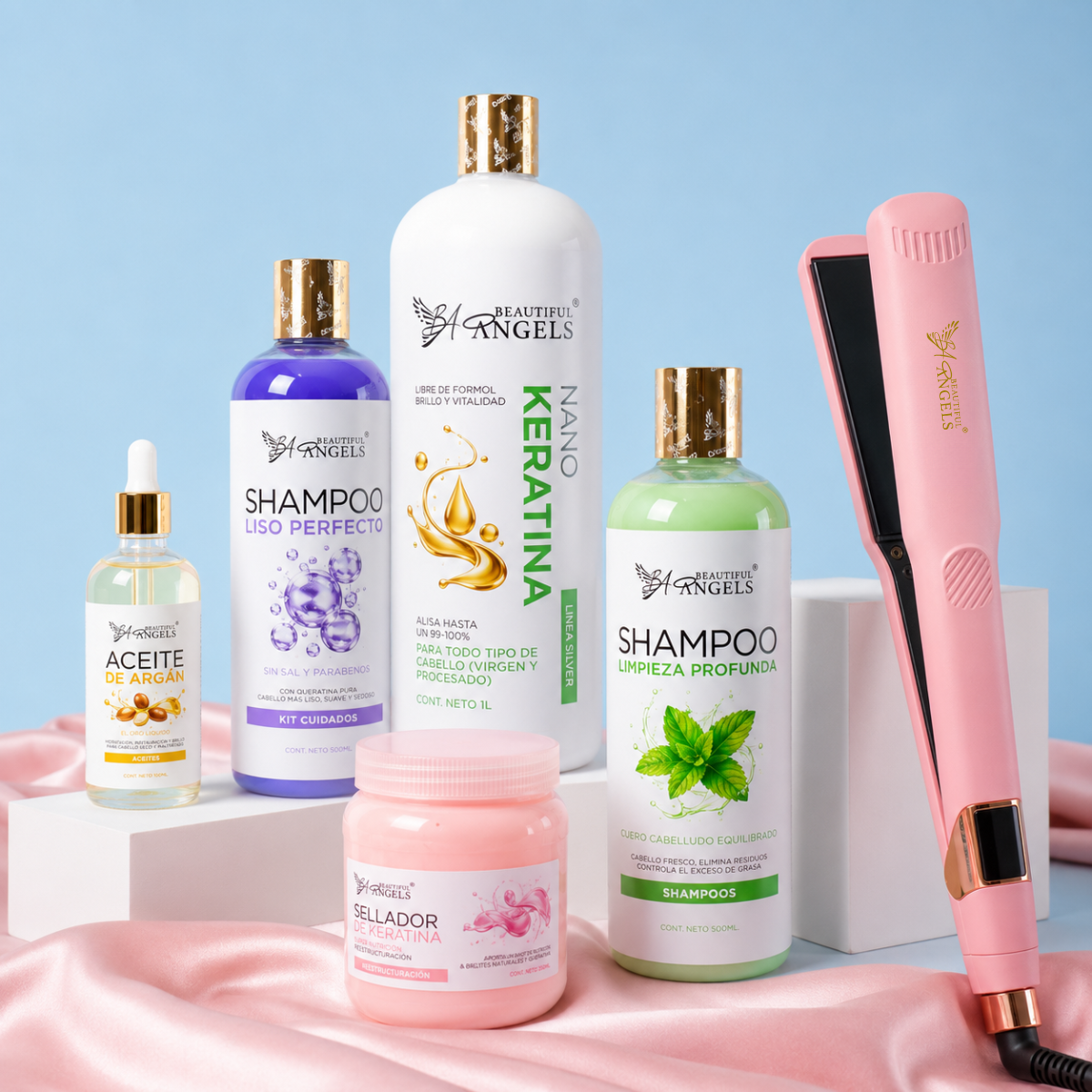 Kit Nanokeratina Silver 1L + Shampoo Limpieza Profunda 500ml + Shampoo Liso Perfecto 500ml + Sellador de Keratina 250ml + Aceite de Argán 100ml + Plancha Beautiful Angels