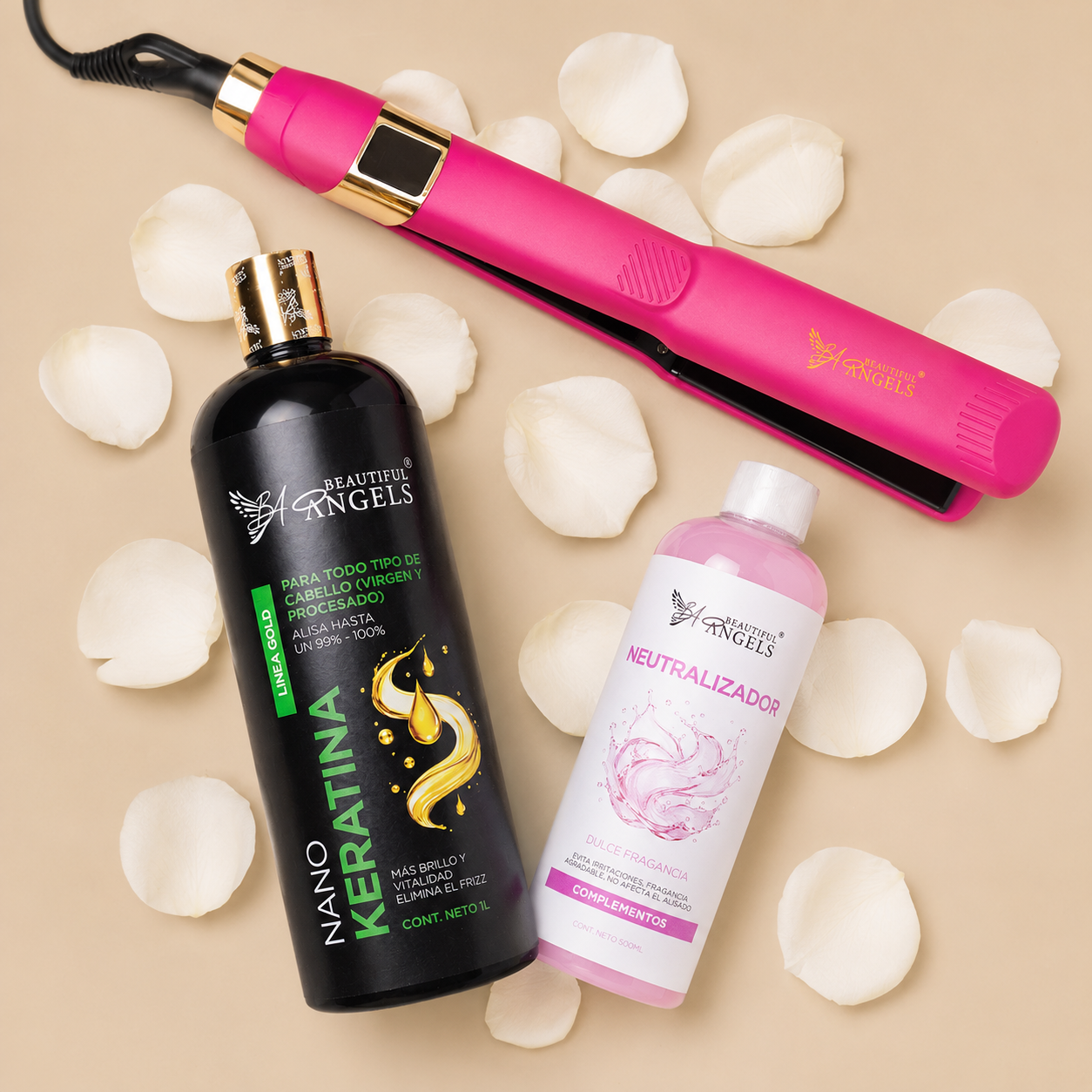 Kit Nanokeratina Gold 1L + Neutralizador 500ml + Plancha Beautiful Angels