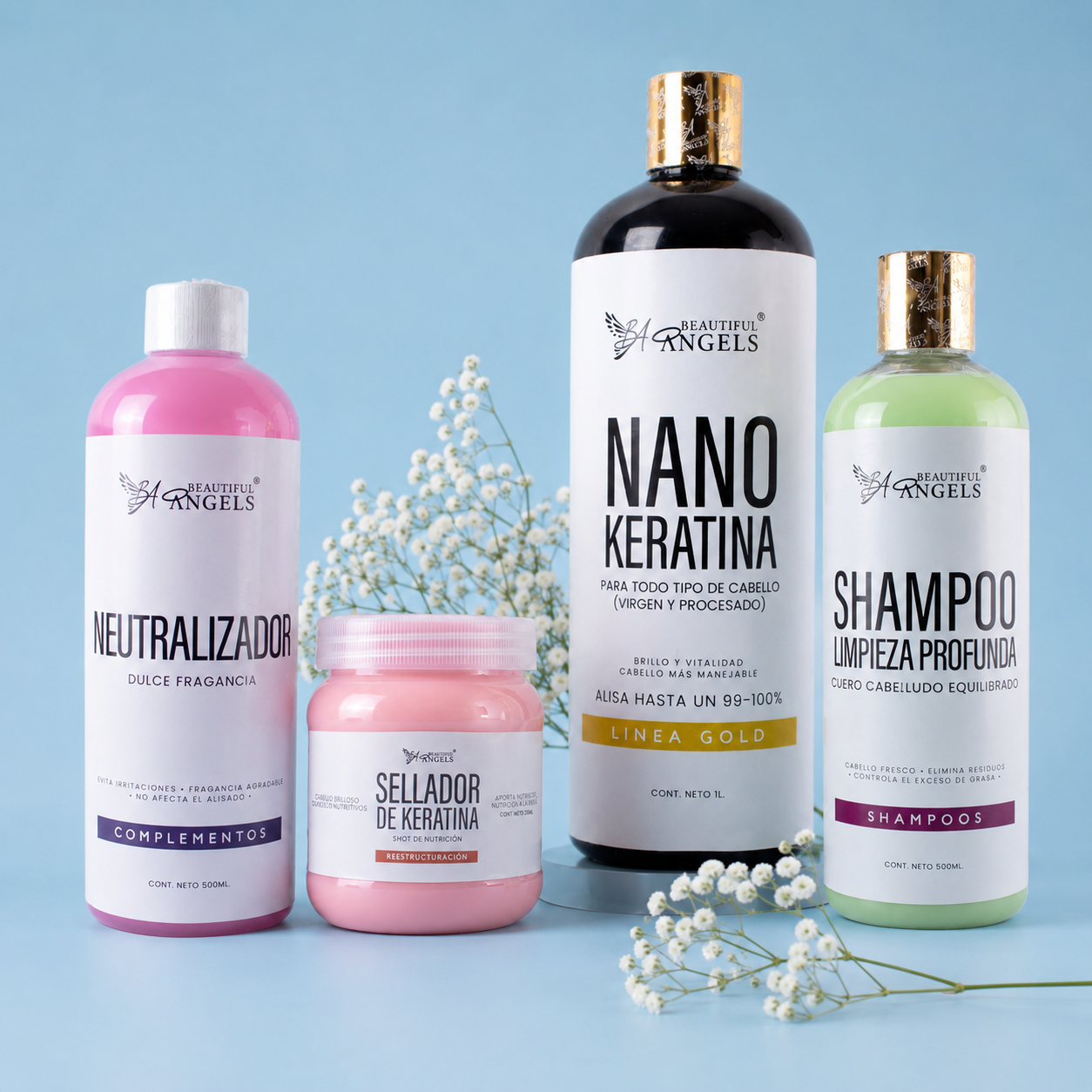 Kit Nanokeratina Gold + Shampoo Limpieza Profunda + Neutralizador + Sellador de Keratina: Liso versátil, brillo intenso y control total del frizz.