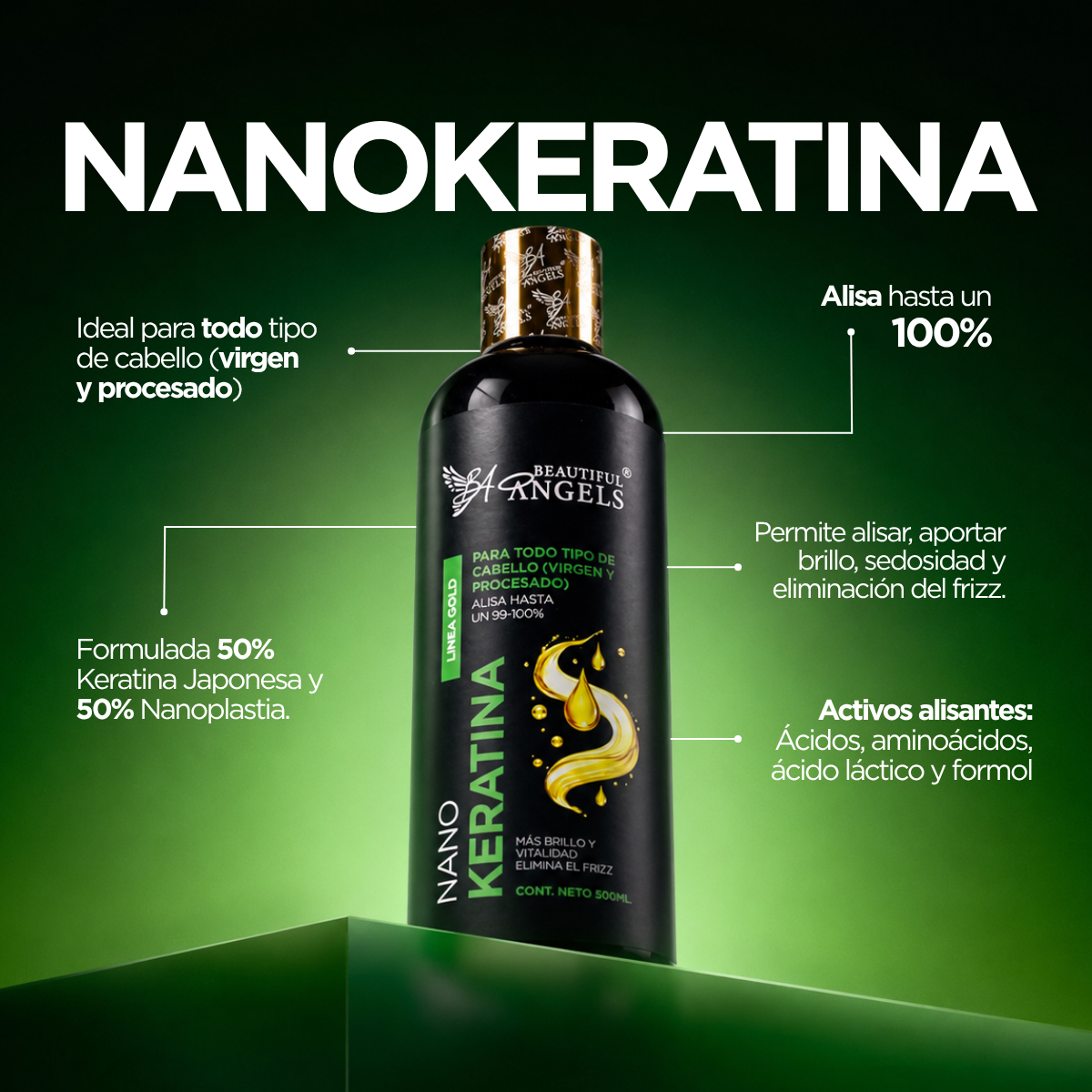 Kit Profesional Nanokeratina Gold 500ml Beautiful Angels — Alisado Perfecto para Cabello Virgen y Procesado, Liso Natural y Manejable