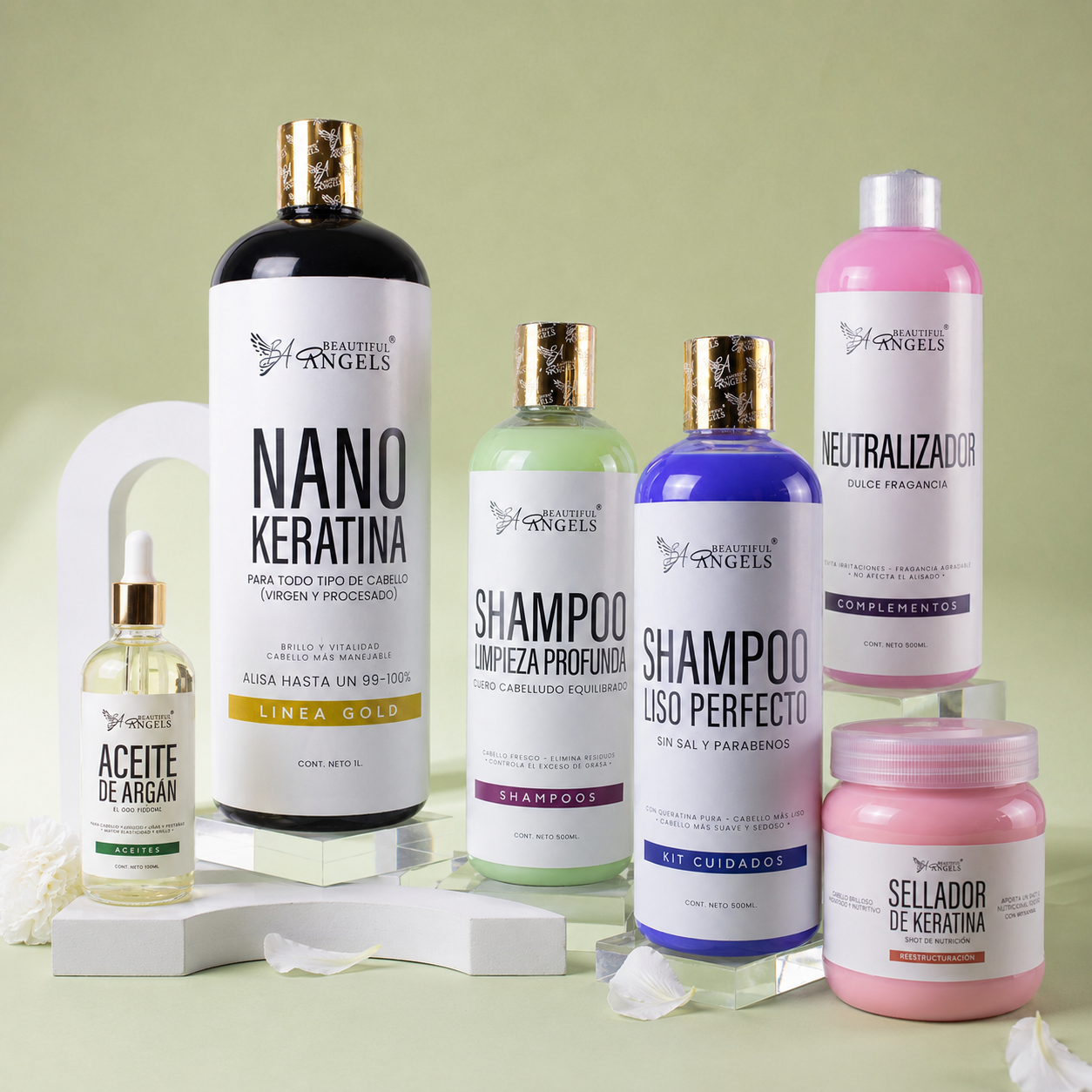 Kit Nanokeratina Gold + Shampoo Limpieza Profunda + Shampoo Liso Perfecto + Neutralizador + Sellador de Keratina + Aceite de Argán