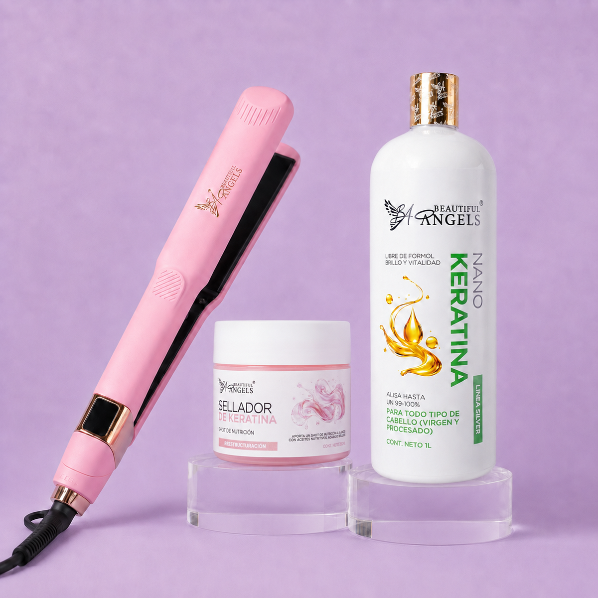 Kit Nanokeratina Silver 1L + Sellador de Keratina 250ml + Plancha Beautiful Angels