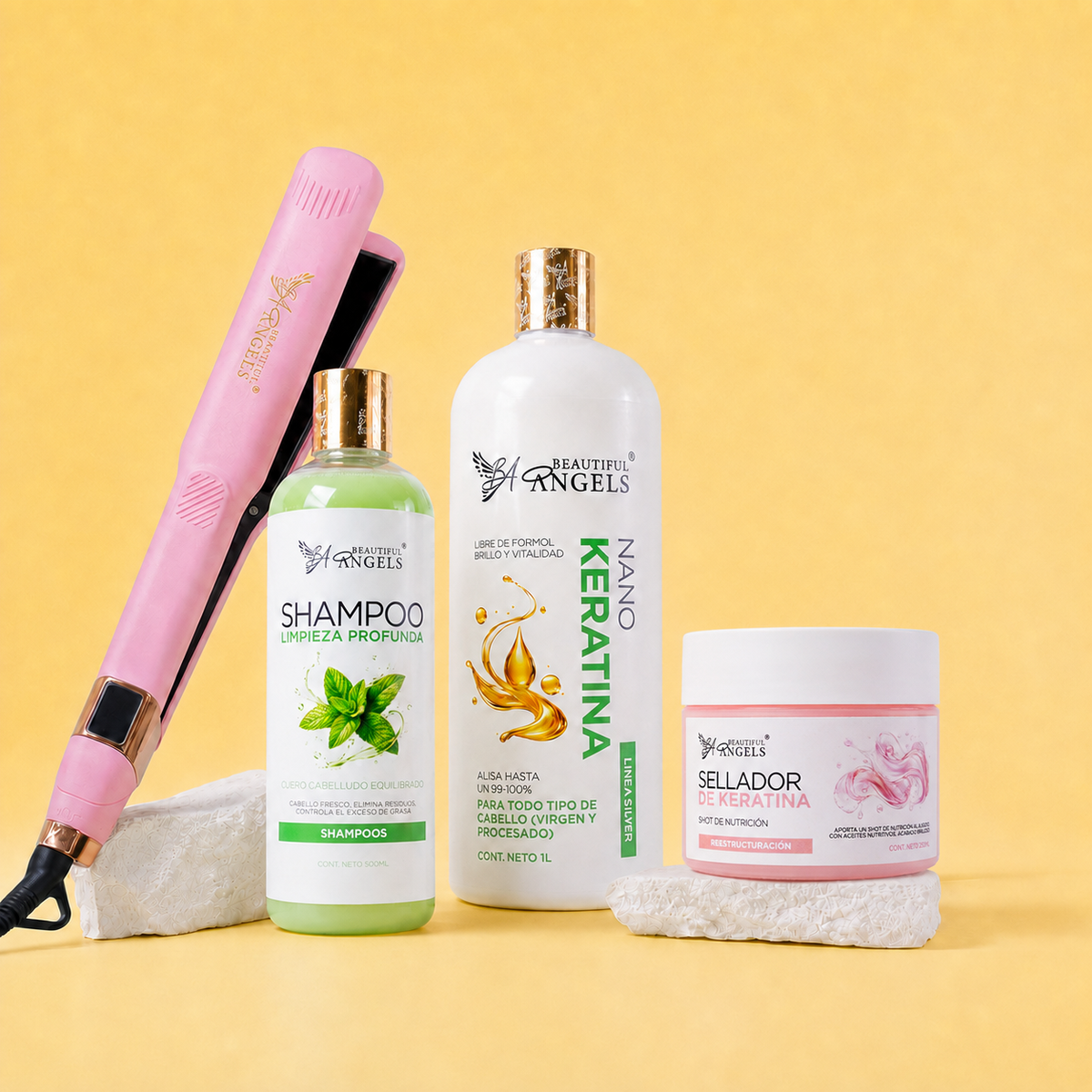 Kit Nanokeratina Silver 1L + Shampoo Limpieza Profunda 500ml + Sellador de Keratina 250ml + Plancha Beautiful Angels