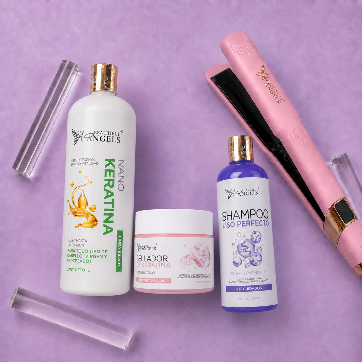 Kit Nanokeratina Silver 1L + Shampoo Liso Perfecto 500ml + Sellador de Keratina 250ml + Plancha Beautiful Angels