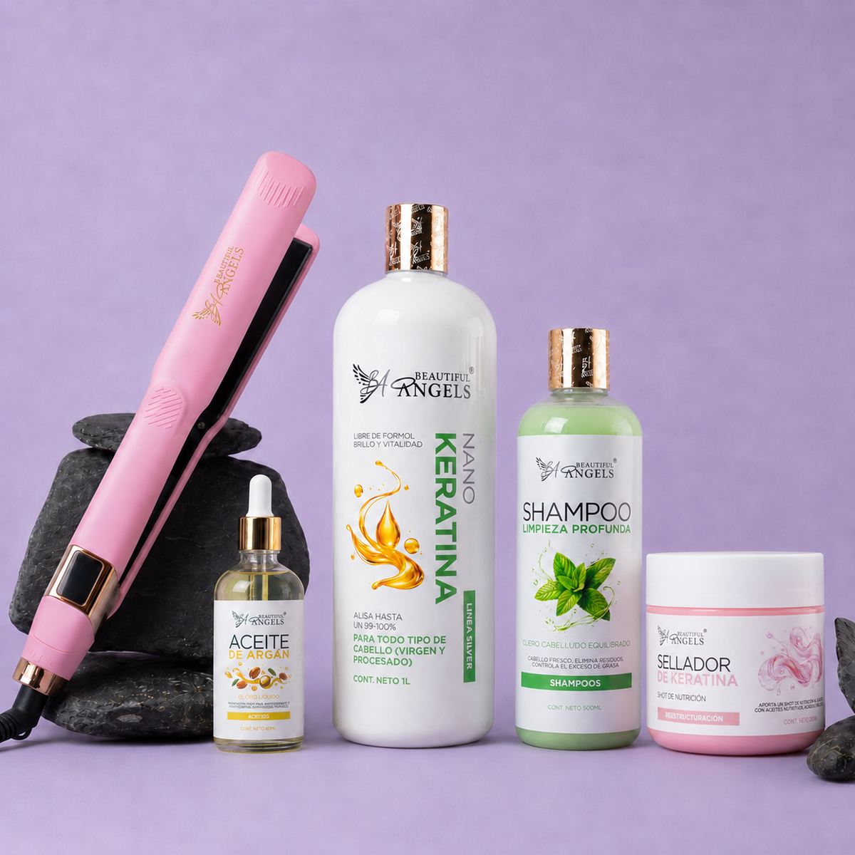 Kit Nanokeratina Silver 1L + Shampoo Limpieza Profunda 500ml + Sellador de Keratina 250ml + Aceite de Argán 100ml + Plancha Beautiful Angels