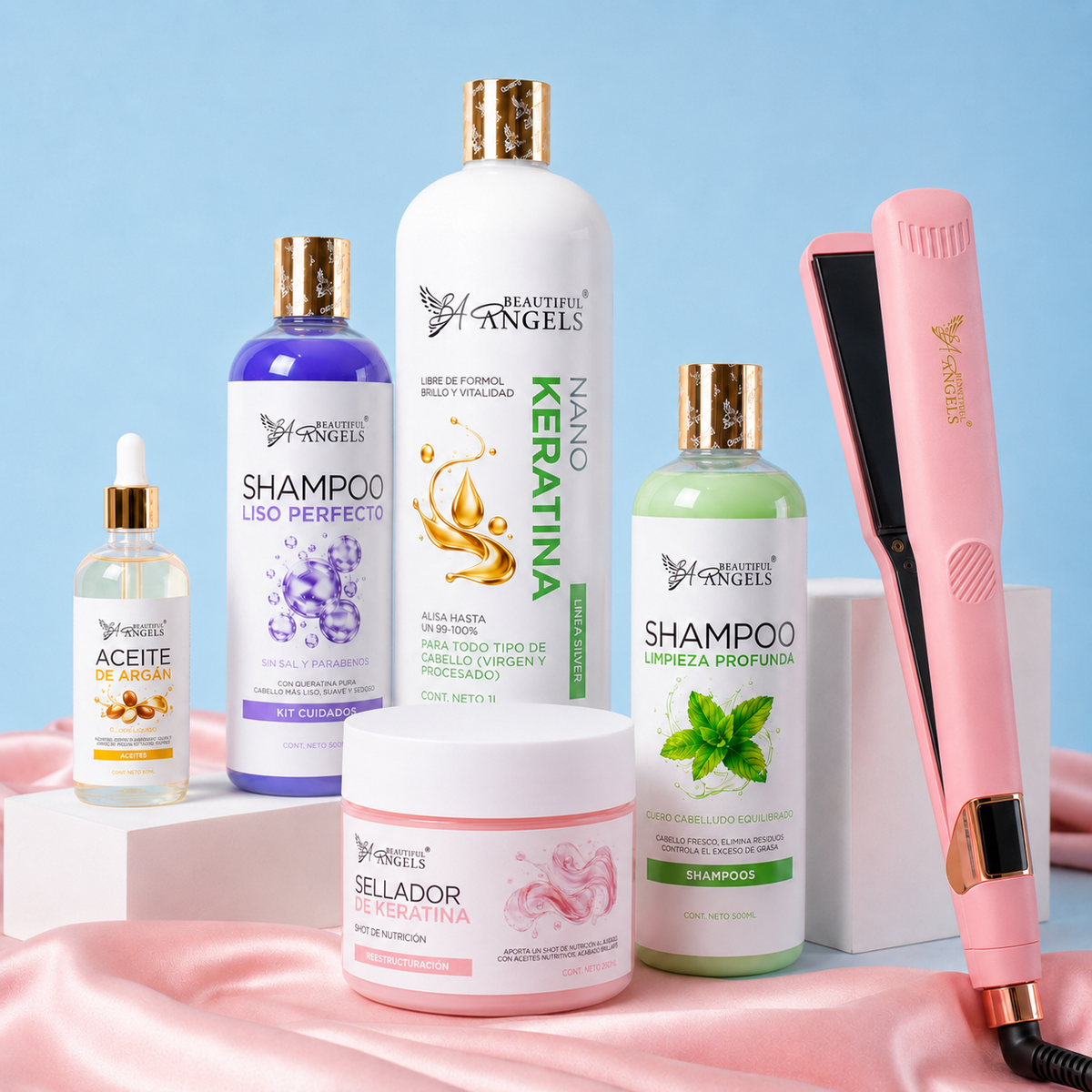 Kit Nanokeratina Silver 1L + Shampoo Limpieza Profunda 500ml + Shampoo Liso Perfecto 500ml + Sellador de Keratina 250ml + Aceite de Argán 100ml + Plancha Beautiful Angels