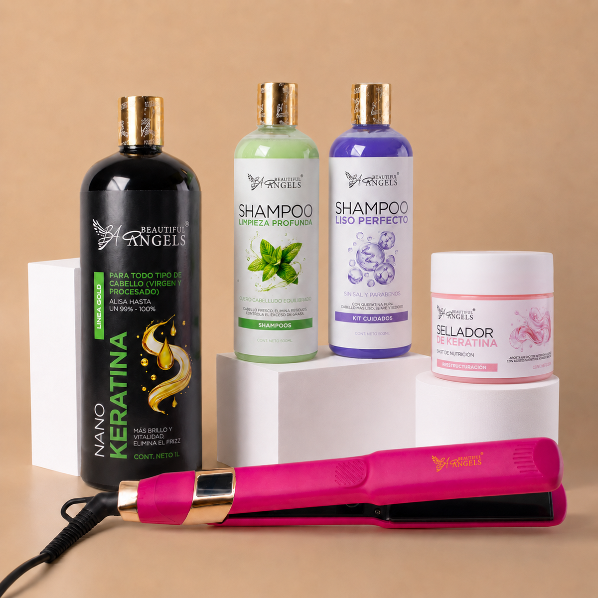 Kit Nanokeratina Gold 1L + Shampoo Limpieza Profunda 500ml + Shampoo Liso Perfecto 500ml + Sellador de Keratina 250ml + Plancha Beautiful Angels
