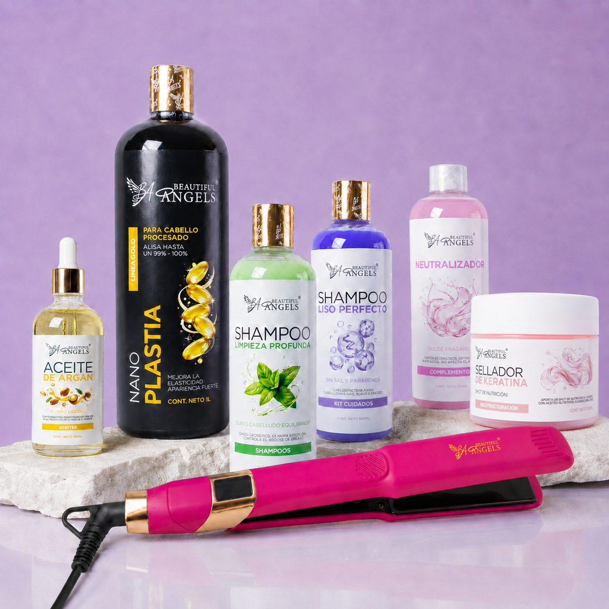 Kit Nanoplastia Gold 1L + Shampoo Limpieza Profunda 500ML + Shampoo Liso Perfecto 500ML + Neutralizador 500ML+ Sellador de Keratina 250ML + Aceite de Argán 100ML + Plancha Profesional Beautiful Angels