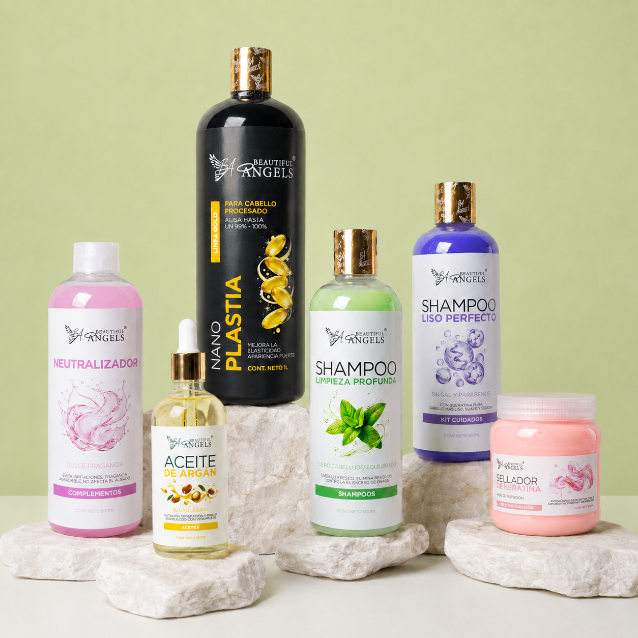 Kit Nanoplastia Gold 1L + Shampoo Limpieza Profunda 500ML + Shampoo Liso Perfecto 500ML + Neutralizador 500ML+ Sellador de Keratina 250ML + Aceite de Argán 100ML