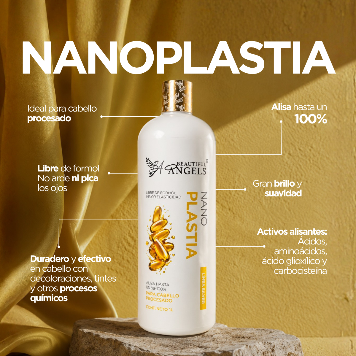 Nanoplastia Silver — Beautiful Angels Ideal para cabello procesado y decolorado · Alisado efectivo con control de frizz y brillo intenso