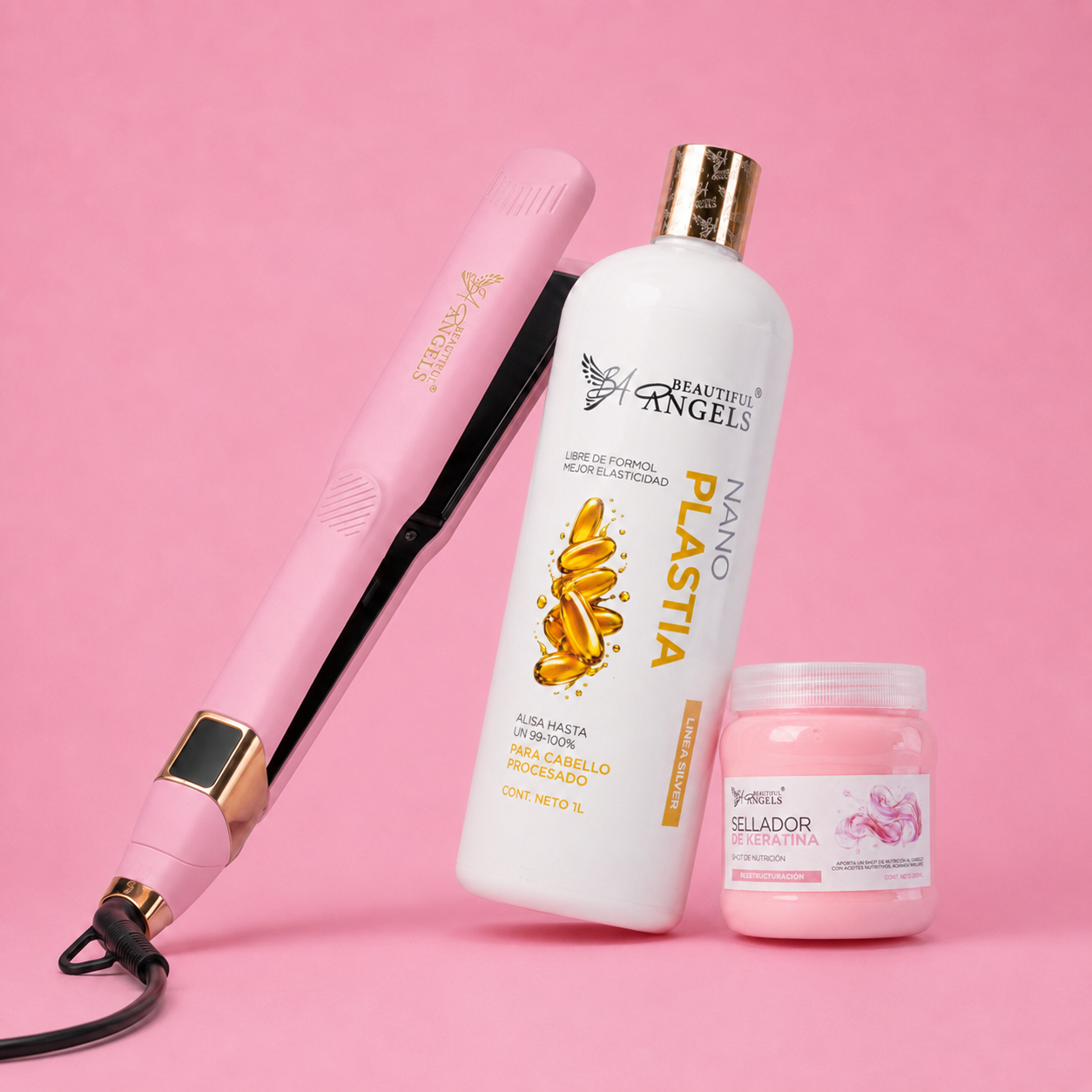 Kit Nanoplastia Silver 1L + Sellador de Keratina 250ml + Plancha Beautiful Angels