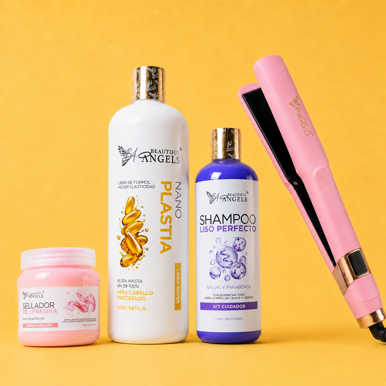 Kit Nanoplastia Silver 1L + Shampoo Liso Perfecto 500ml + Sellador de Keratina 250ml + Plancha Beautiful Angels