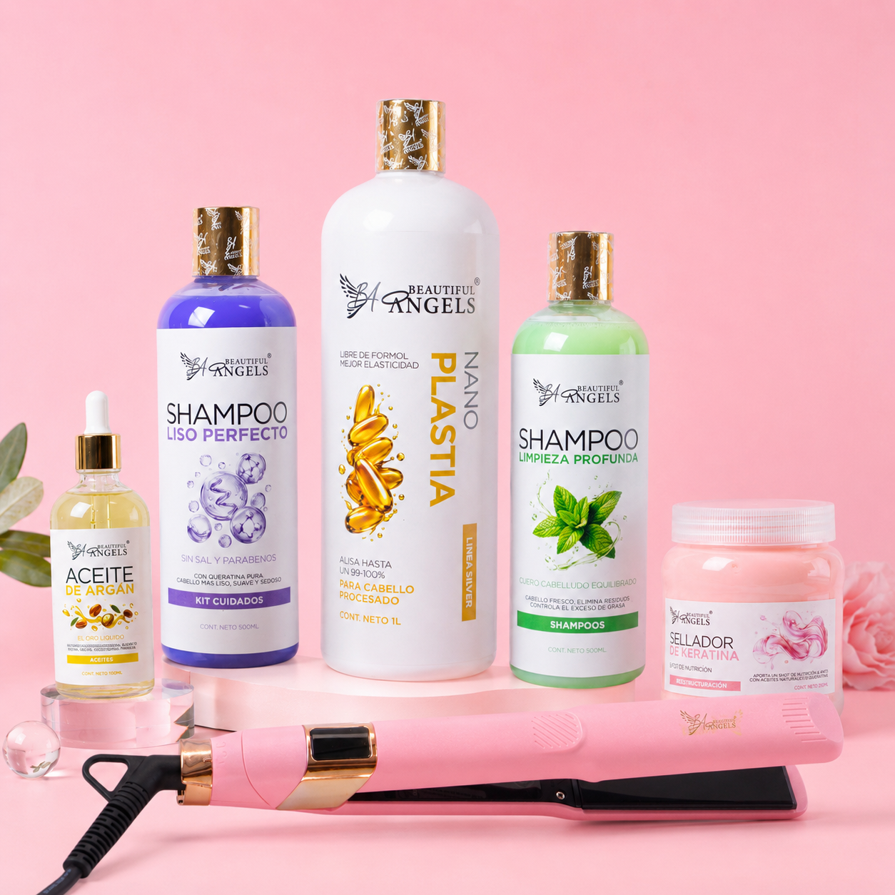Kit Keratina Nanoplastia Silver 1L + Shampoo Limpieza Profunda 500ml + Shampoo Liso Perfecto 500ml + Sellador de Keratina 250ml + Aceite de Argán 100ml + Plancha Beautiful Angels