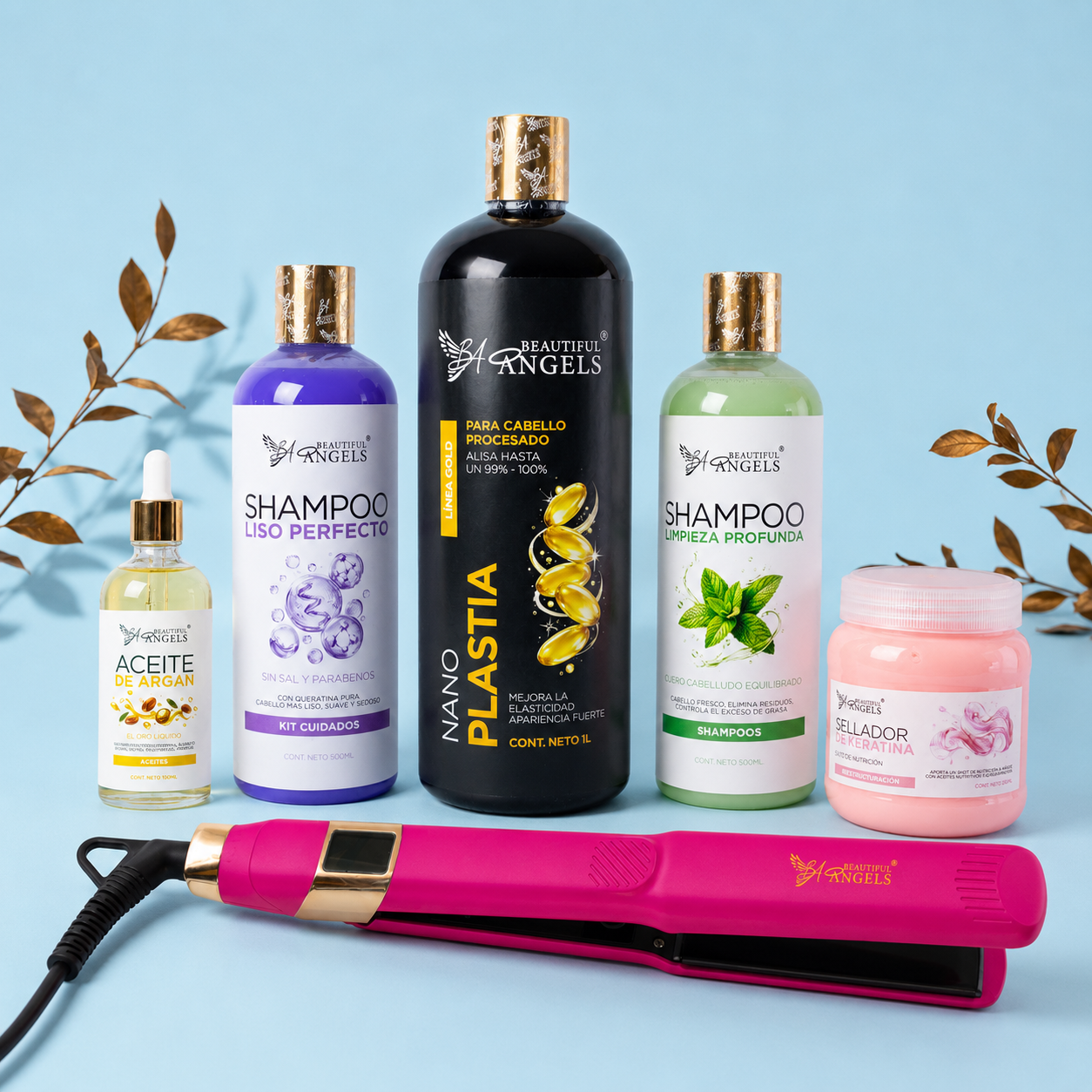 Kit Nanoplastia Gold 1L + Shampoo Limpieza 500ml + Shampoo Liso 500ml + Sellador de Keratina 250ml + Aceite de Argán 100ml + Plancha Beautiful Angels