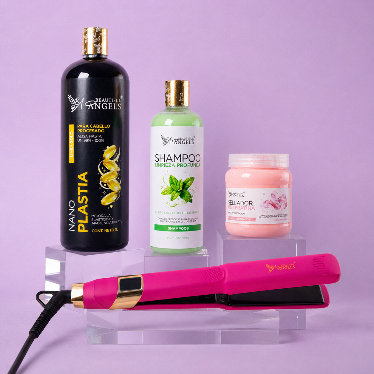 Kit Nanoplastia Gold 1L + Shampoo Limpieza 500ml + Sellador de Keratina 250ml + Plancha Beautiful Angels