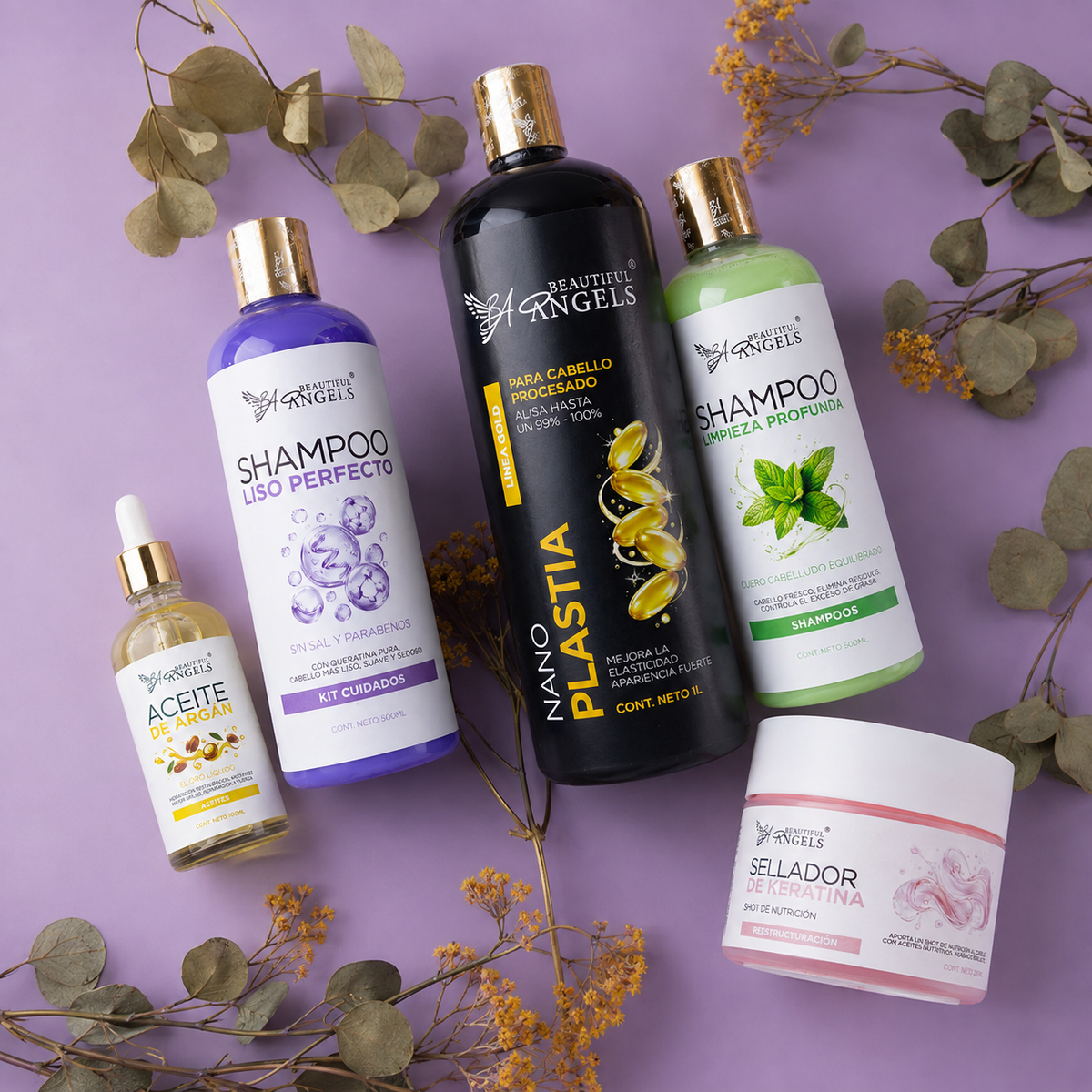 Kit Nanoplastia Gold 1L + Shampoo Limpieza Profunda 500ML + Shampoo Liso Perfecto 500ML + Neutralizador 500ML+ Sellador de Keratina 250ML + Aceite de Argán 100ML