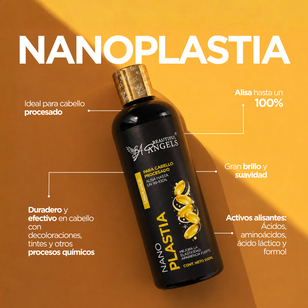 Kit Básico de Nanoplastia Gold 500 ml – Beautiful Angels, para Cabello Procesado y Decolorado, Fortalece la Hebra, y Deja un Cabello Controlado y Manejable y Deja un Acabado Brillante y Sedoso