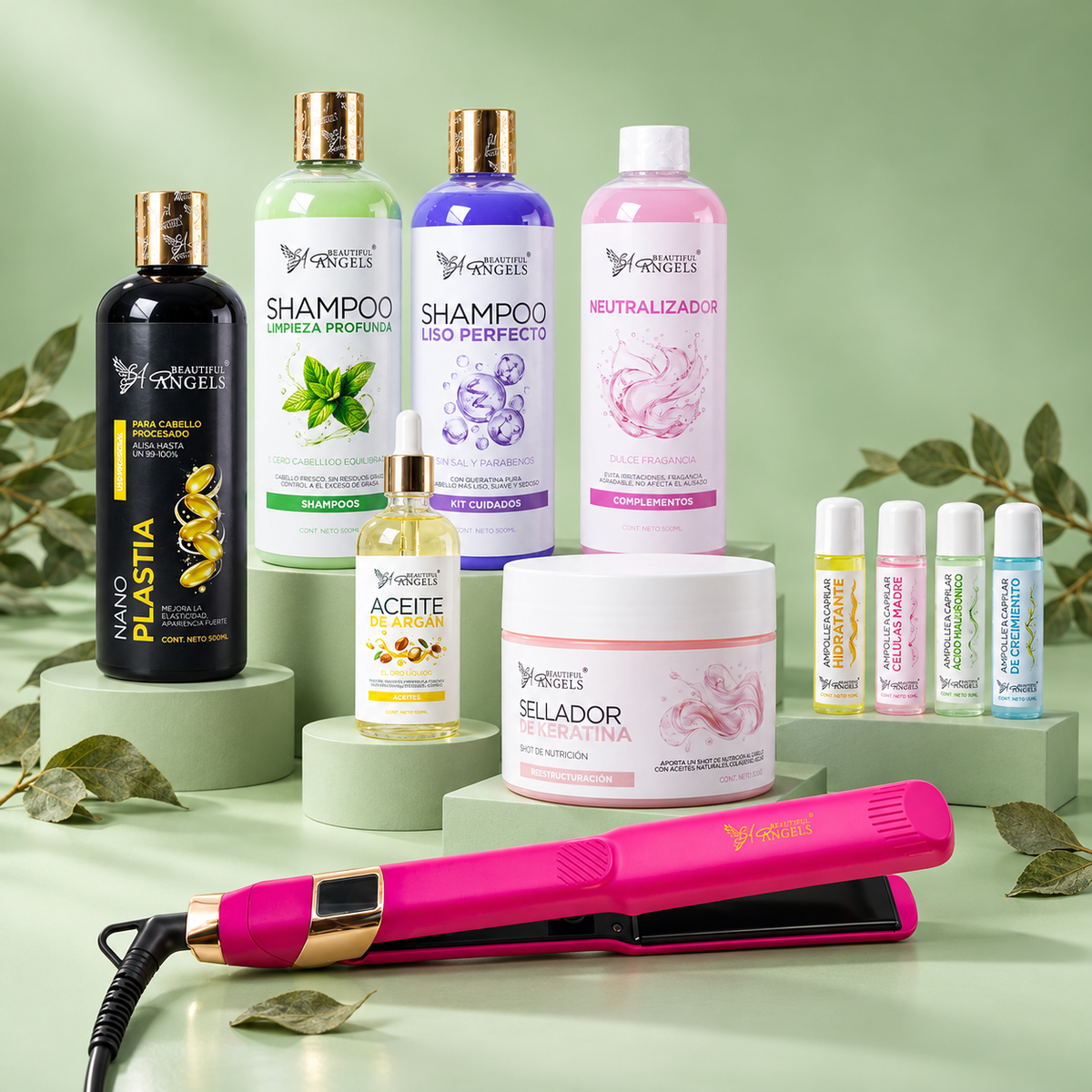 Kit Profesional Nanoplastia Gold 500ml Beautiful Angels — Alisado Duradero, Brillo y Suavidad para Cabello Procesado