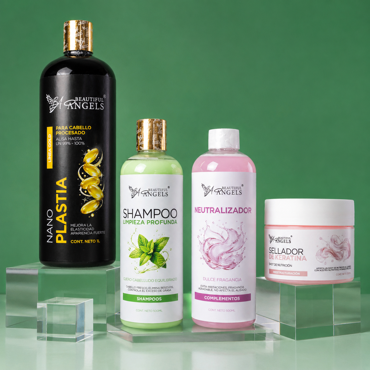 Kit Nanoplastia Gold Cuidado Intensivo: Nanoplastia Gold 1L + Shampoo Limpieza Profunda 500ML + Neutralizador 500ML + Sellador de Keratina 250ML