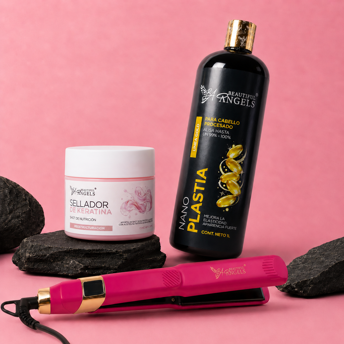 Kit  Nanoplastia Gold 1L + Sellador de Keratina 250ml + Plancha Profesional Beautiful Angels
