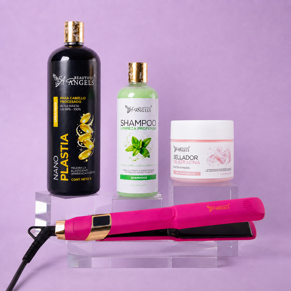 Kit Nanoplastia Gold 1L + Shampoo Limpieza 500ml + Sellador de Keratina 250ml + Plancha Beautiful Angels