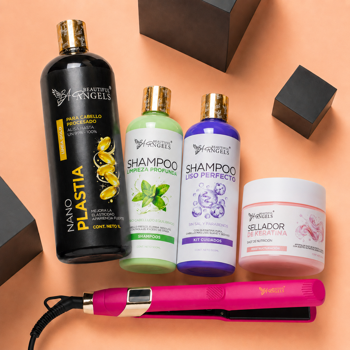 Kit Nanoplastia Gold 1L + Shampoo Limpieza Profunda 500ml + Shampoo Liso Perfecto 500ml + Sellador de Keratina 250ml + Plancha Beautiful Angels