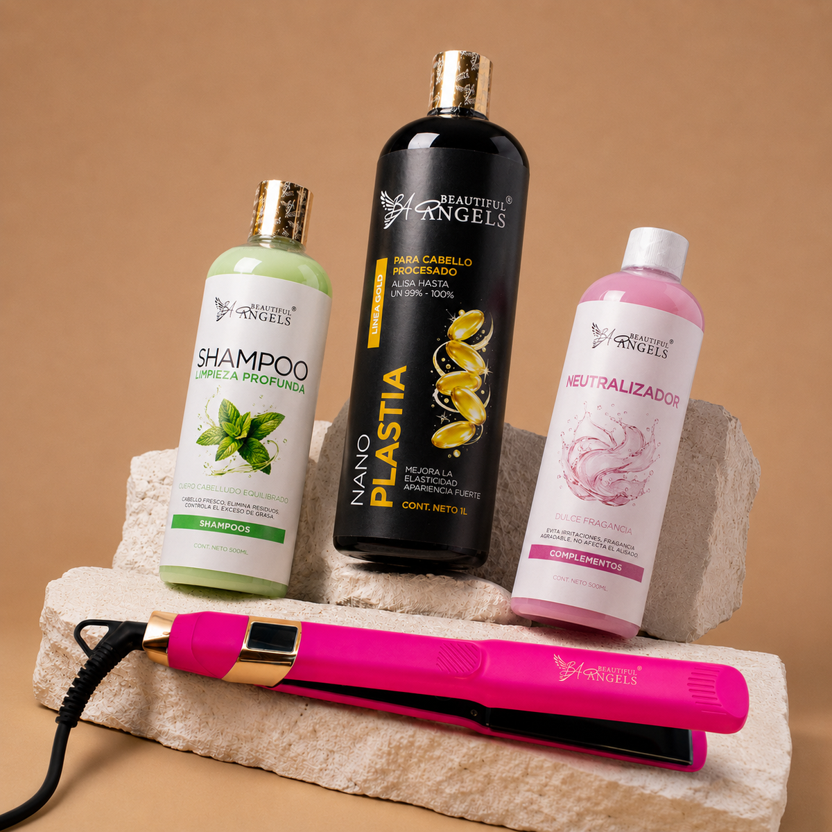 Kit Nanoplastia Gold 1L + Shampoo Limpieza Profunda 500ML + Neutralizador 500ML + Plancha Profesional Beautiful Angels
