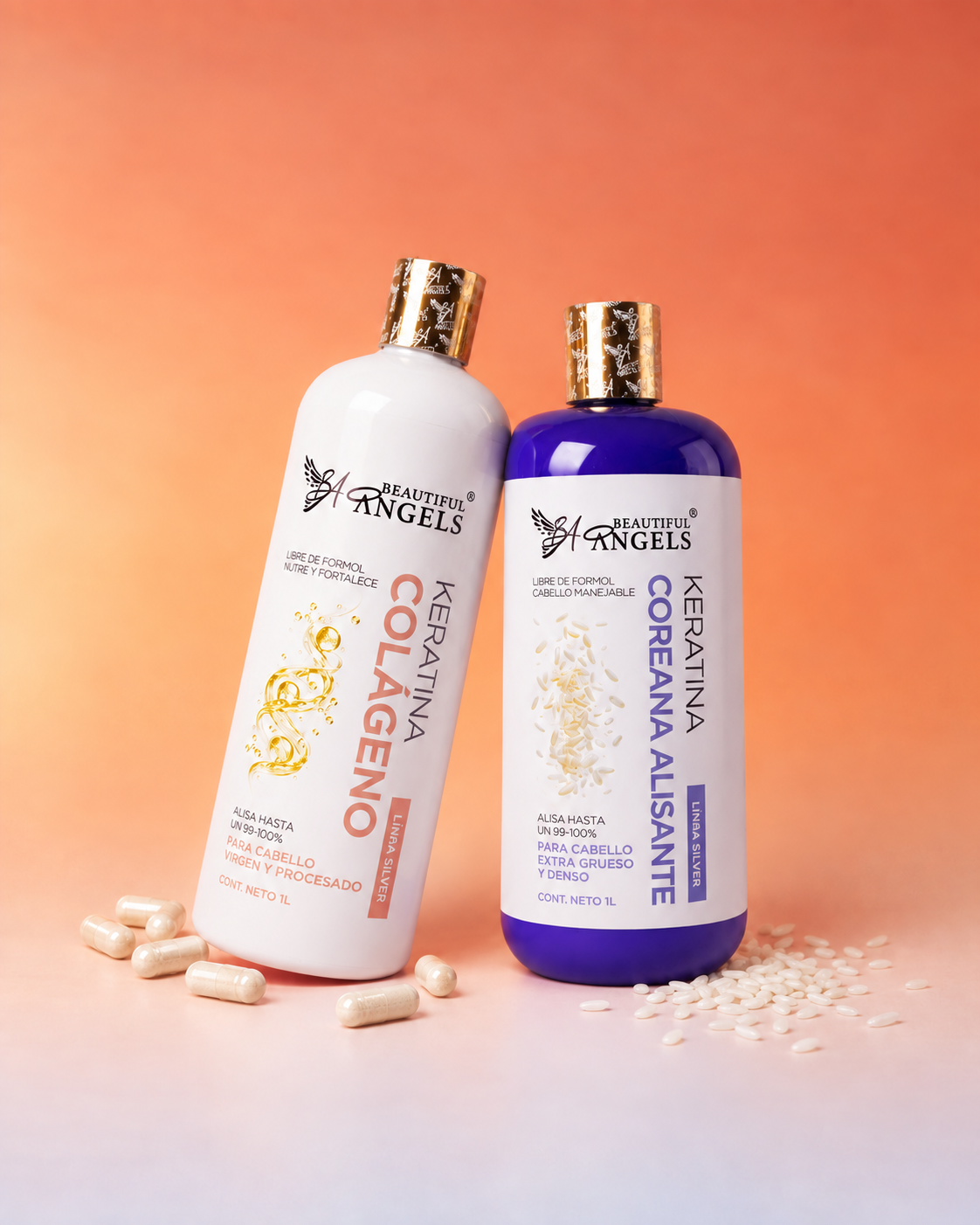 Dúo Beautiful Angels Línea Silver — Keratina Coreana Alisante con Protección de Arroz + Keratina Colágeno con Nutrición Profunda: Liso Perfecto, Menos Frizz, Suavidad y Brillo Duradero