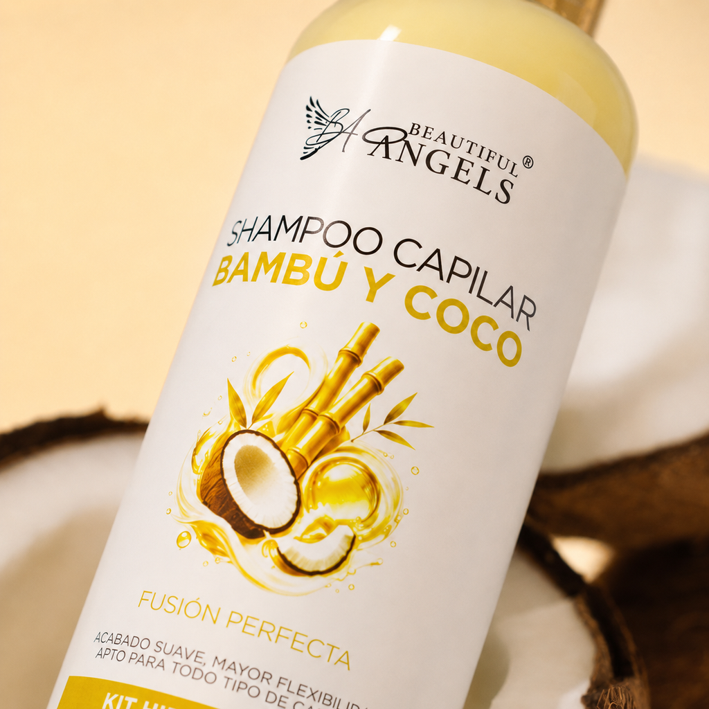 Shampoo Capilar Bambú y Coco Beautiful Angels: Fortalece he Hidrata para un cabello Fuerte, Sedoso y Lleno de Vida