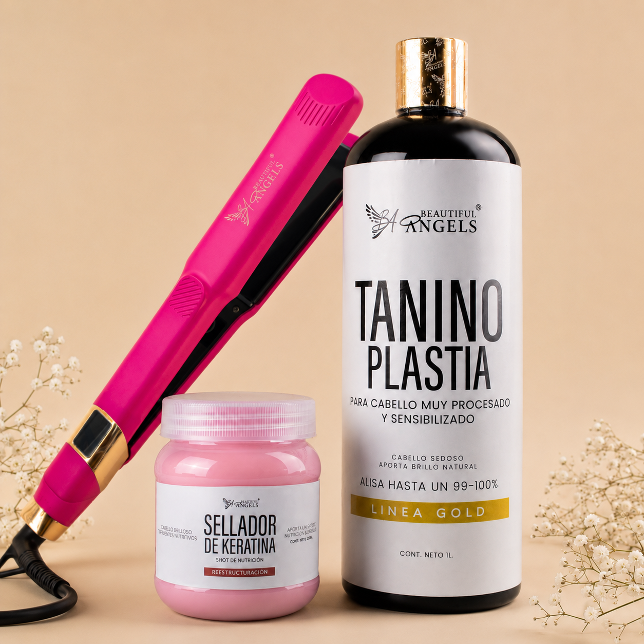Kit Profesional de Alisado Taninoplastia Gold + Sellador de Keratina + Plancha Profesional de Nanotitanio