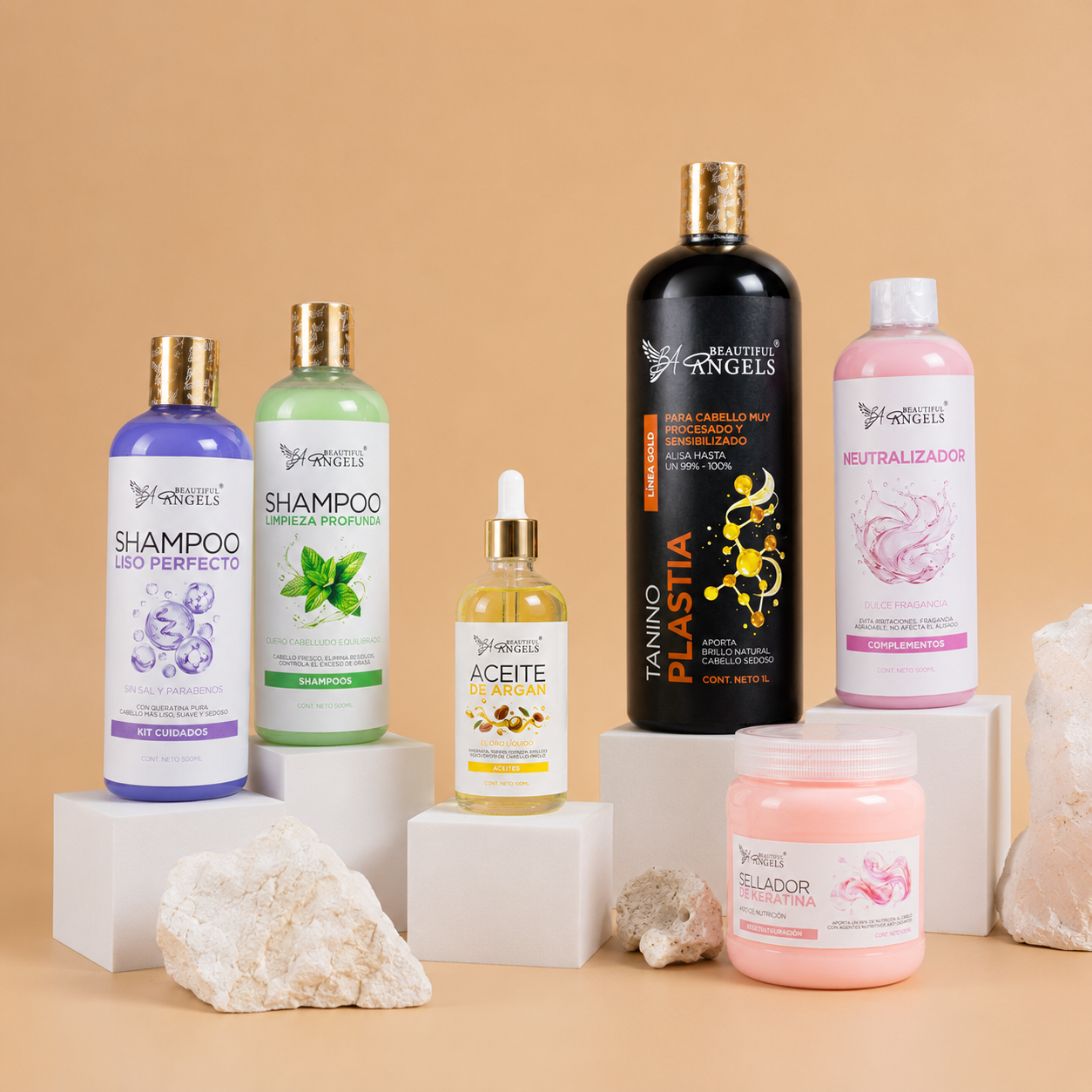 Kit Taninoplastia Gold 1L + Shampoo Limpieza Profunda 500ML + Shampoo Liso Perfecto 500ML + Neutralizador 500ML+ Sellador de Keratina 250ML + Aceite de Argán 100ML