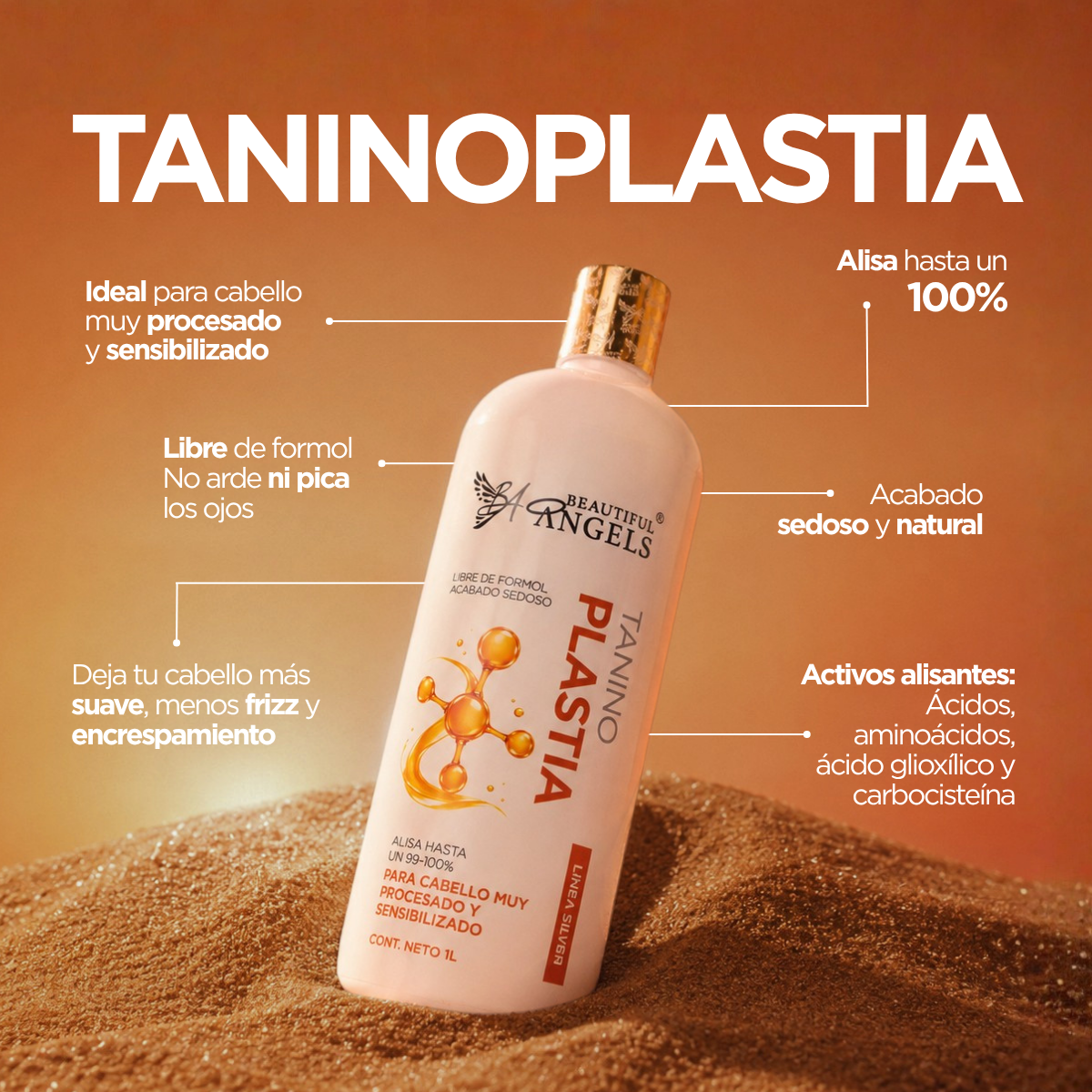 Taninoplastia Silver — Beautiful Angels Ideal para cabello muy procesado y dañado · Restaura la fibra capilar y controla el frizz
