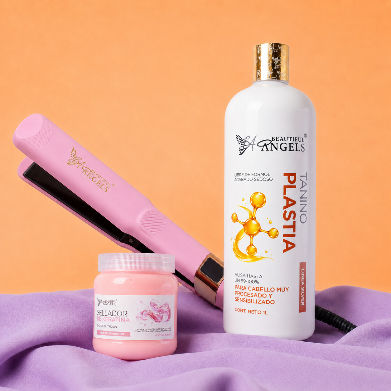Kit Taninoplastia Silver 1L + Sellador de Keratina 250ml + Plancha Beautiful Angels