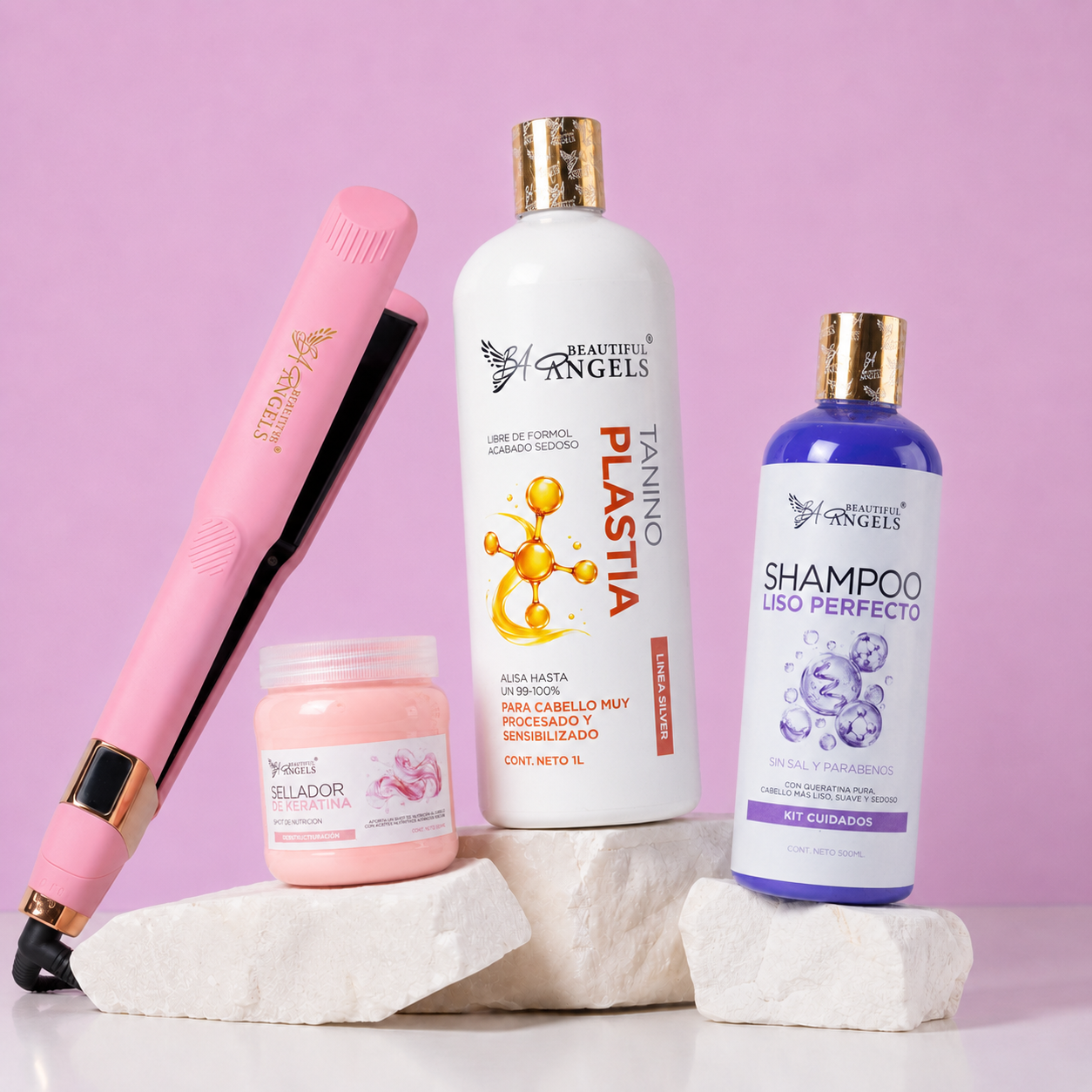 Kit Taninoplastia Silver 1L + Shampoo Liso Perfecto 500ml + Sellador de Keratina 250ml + Plancha Beautiful Angels