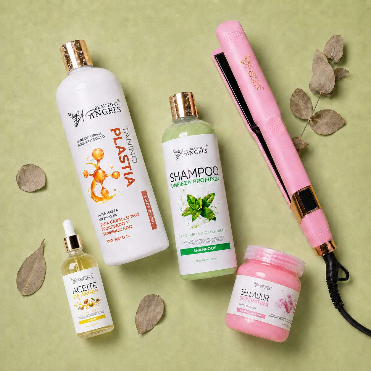 Kit Keratina Taninoplastia Silver 1L + Shampoo Limpieza Profunda 500ml + Sellador de Keratina 250ml + Aceite de Argán 100ml + Plancha Beautiful Angels