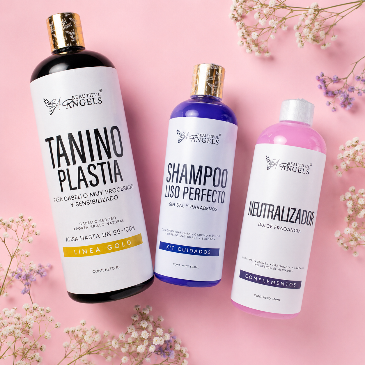 Kit Taninoplastia Gold + Shampoo Liso Perfecto + Neutralizador: Liso delicado, menos frizz y suavidad para cabello sensibilizado.