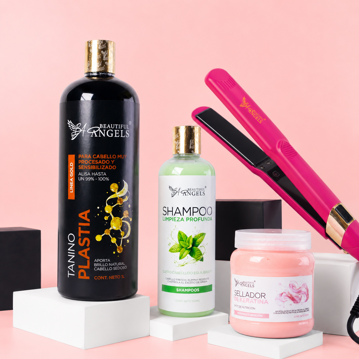 Kit Taninoplastia Gold 1L + Shampoo Limpieza 500ml + Sellador de Keratina 250ml + Plancha Beautiful Angels
