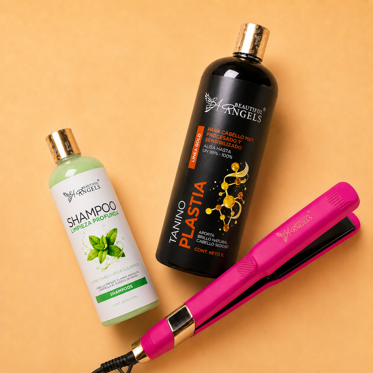 Kit Taninoplastia Gold 1L + Shampoo Limpieza Profunda 500ml + Plancha Beautiful Angels