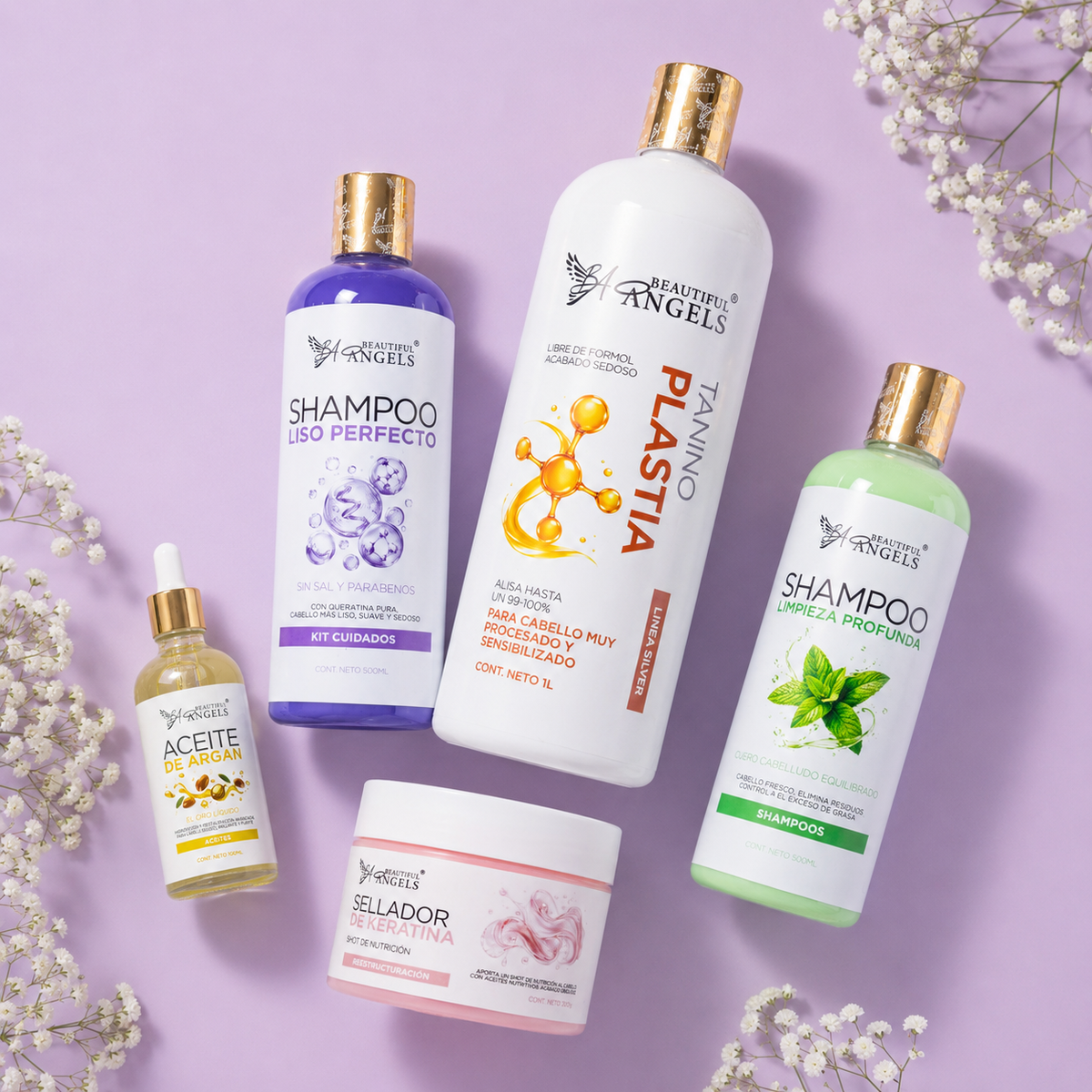Kit Taninoplastia Silver 1L + Shampoo Limpieza Profunda 500ML+ Shampooo Liso Perfecto 500ML + Sellador 250ML + Aceite de Argan 100ML